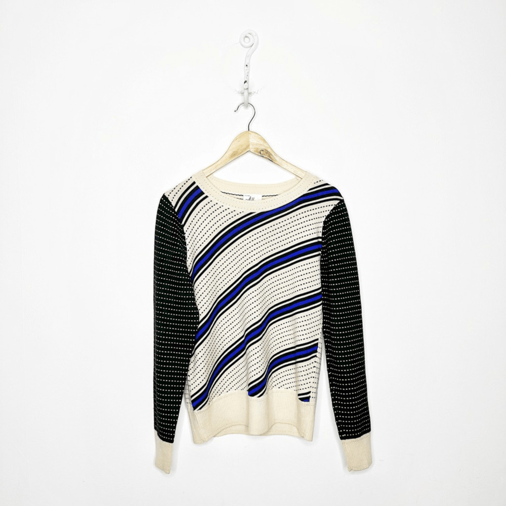 MILLY Dakota Sweater Polka Dot Stripe Ivory Pointelle Pullover Merino Wool L